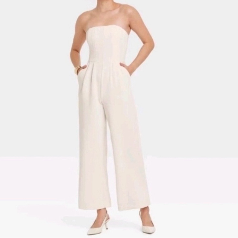 a new day Strapless Silky Cream Wide-Leg Jumpsuit Pantsuit with Pockets
